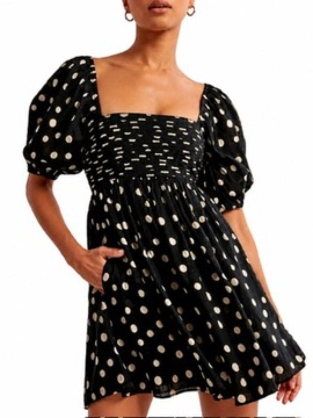 Abercrombie & Fitch Black Polka Dot Puff Sleeve Square Neck Mini Dress
